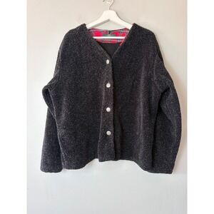 Orvis Vintage Fleece Cardigan Sweater XL Black Sunburst Buttons USA Made